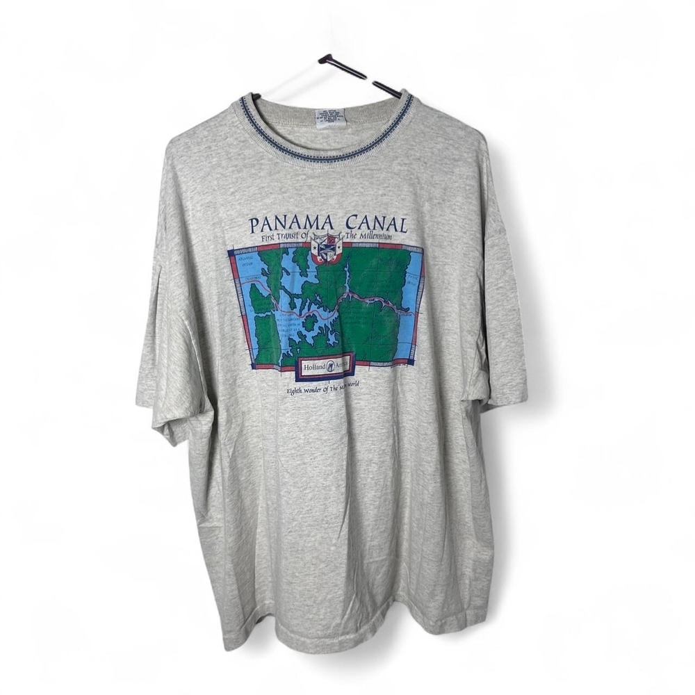 Vintage XXL 80s Panama Canal‎ First Transit Of The Millennium grey T-Shirt
